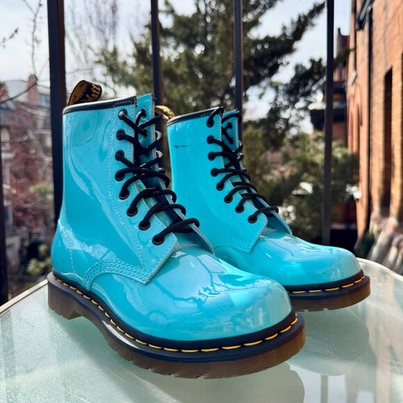 Dr. Martens 1460 Patent Leather Lace Up Boots Shoes in Turquoise Blue - Picture 1 of 11